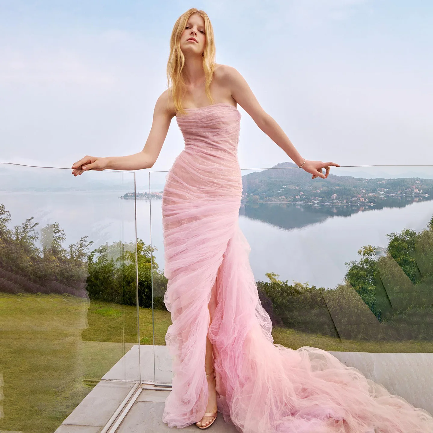 샤론 사이드 우아한 핑크 스트랩리스 두바이 이브닝 원피스, 스팽글 아랍어, 웨딩 원피스 가운, SF409 맞춤형