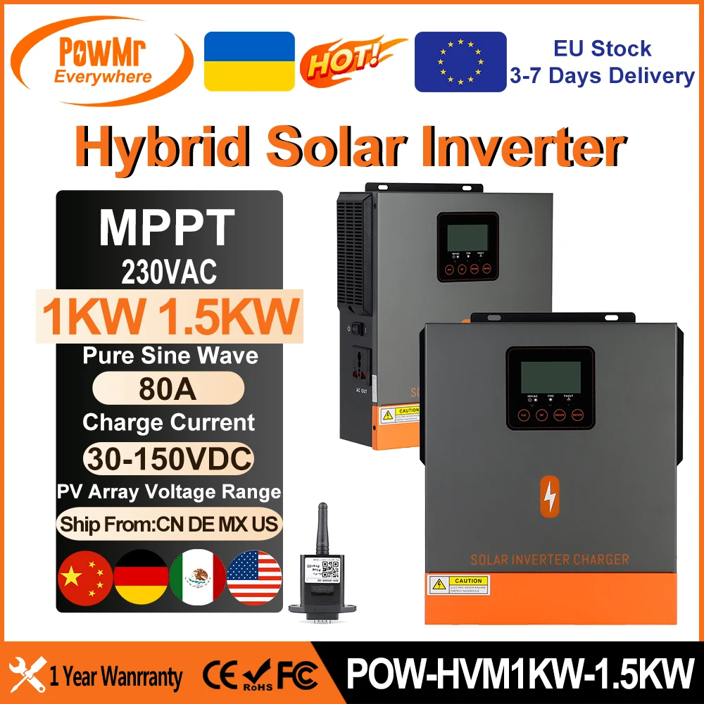 PowMr 1.5KW 1KW Hybrid Solar Inverter 24V 12V 220V Pure Sine Wave With 80A MPPT Solar Charge Controller Max 150VDC Solar Panel