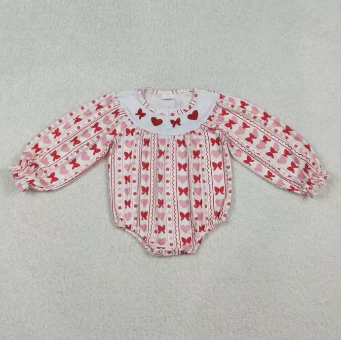 In Stock Valentine's Day Love Bows Embroidery Smocked Children Romper Toddler Girls Dress Set