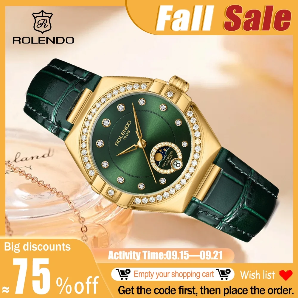 

ROLENDO Constellation Style Automatic Women's Watch Secret Emerald Strap Green Dial Day-Date Sapphire Crystal Waterproof Elegant