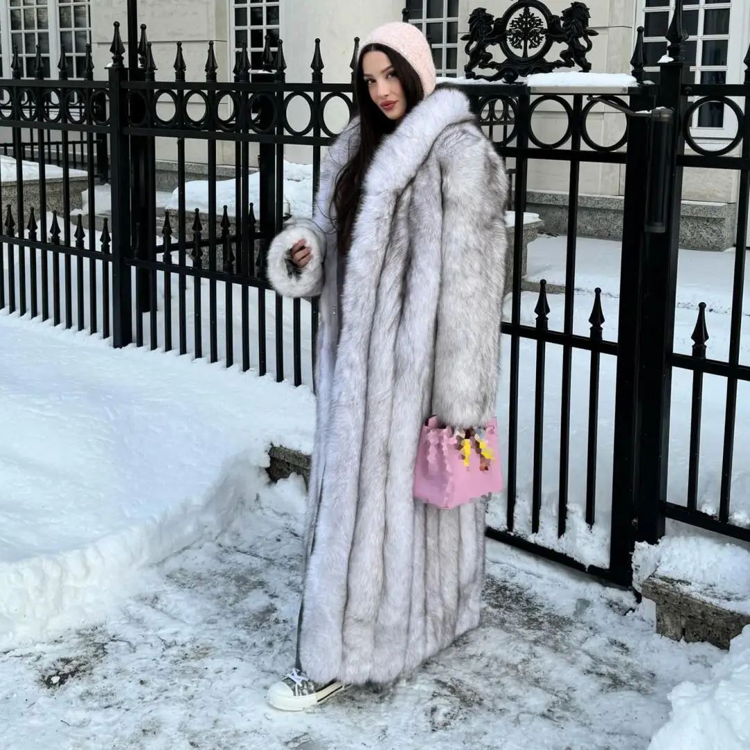 

Natural White Real Fox Fur Coat Women Winter Fashion Genuine Full Pelt Fox Fur Coats with Turn-down Collar Thick Fur Overcoats