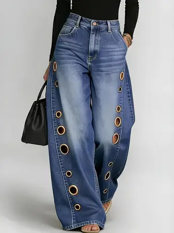 Retro-style wide-leg jeans with metallic eyelets, high-waisted, loose, floor-length fit, gradient eyelets of varying sizes on both sides, distressed washed finish, classic front and back pockets, perfect for everyday casual wear.