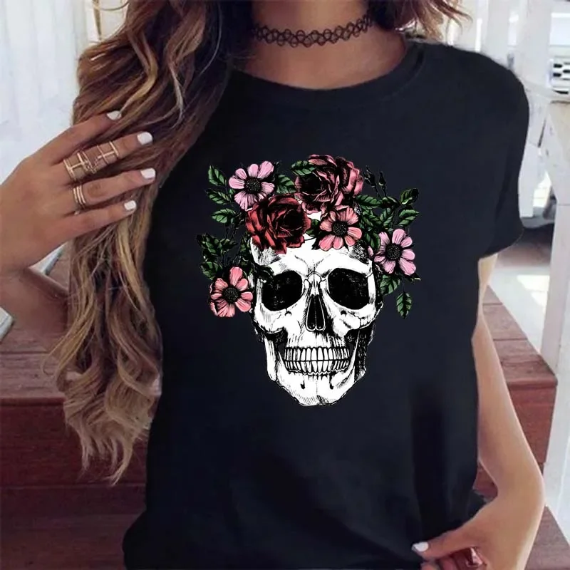 Maycaur Fashion Skull Flower Print Women T Shirt Summer Casual Short Sleeve O Neck Women Tshirt 90s Ladies Tee Shirt Tops — zdjęcie 2