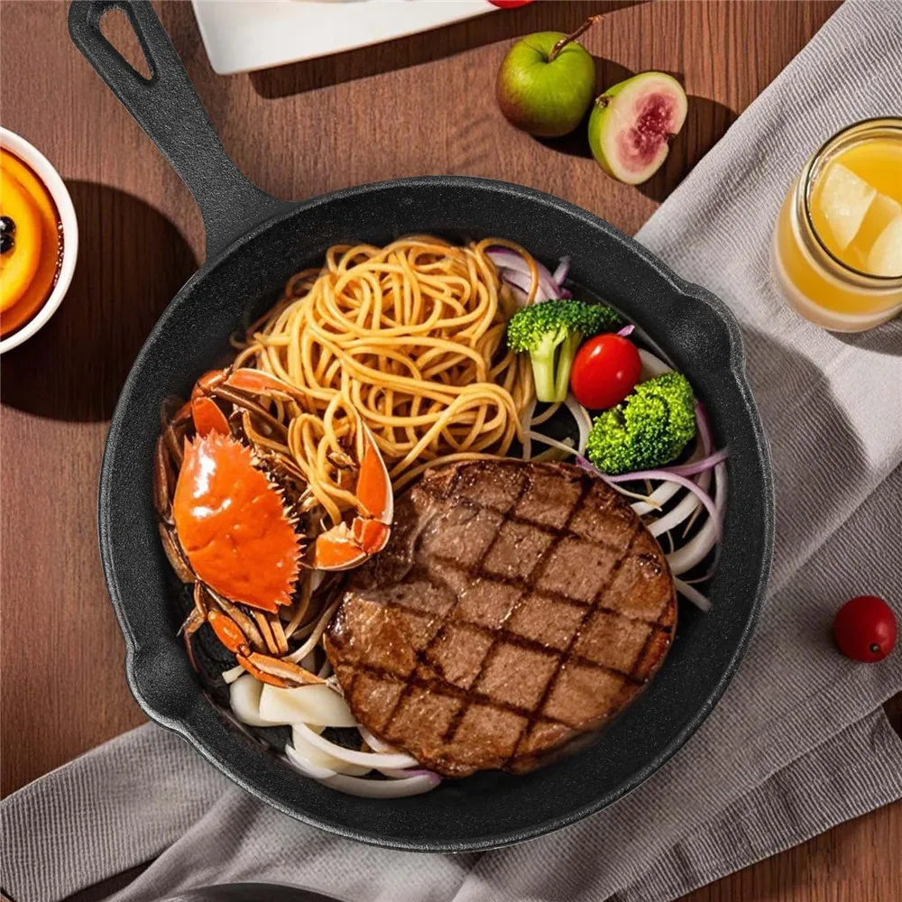 4 قطعة مقلاة غير لاصقة مقلاة حديدية غير مطلية شريحة لحم وعاء الطبخ فطيرة عموم اليدوية الحديد الزهر موقد غاز التعريفي تجهيزات المطابخ المطبخ #4