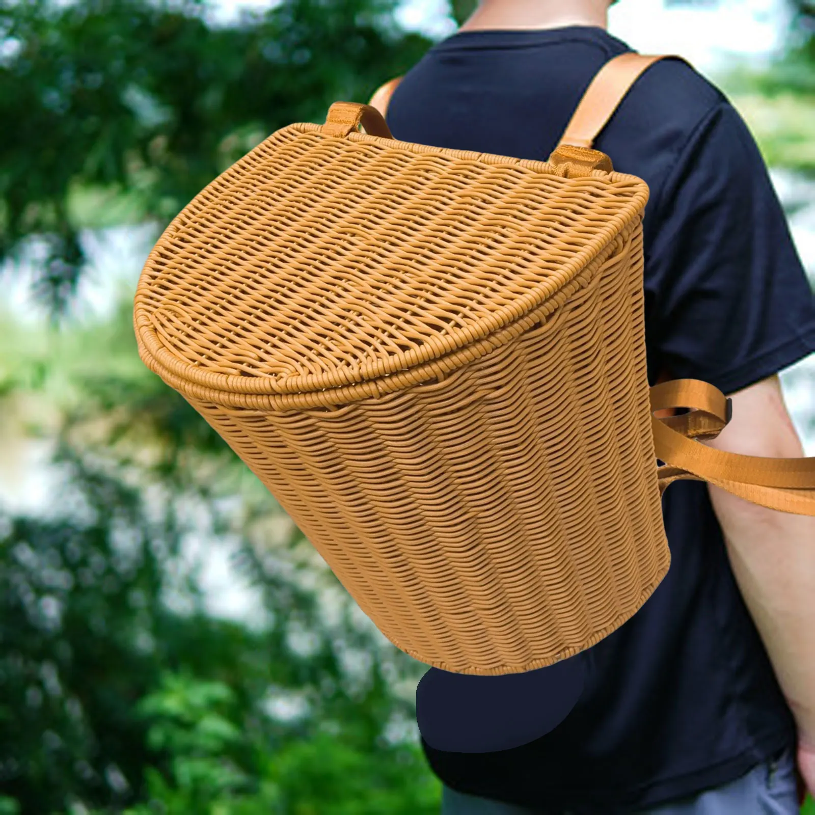 Imitation Rattan Hand-Woven Backpack Rustic Basket Backpack With Lid Round Large Outdoor Backpack Farm Work Picking Storage Bask