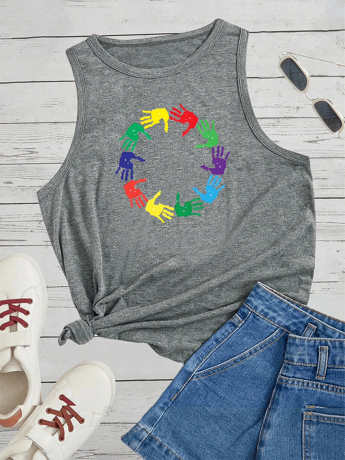 Peace Love Rainbow Handprints Board Prin Fashion Funny Sports Women's Tank Top Loose O Neck Sleeveless Casual Tank