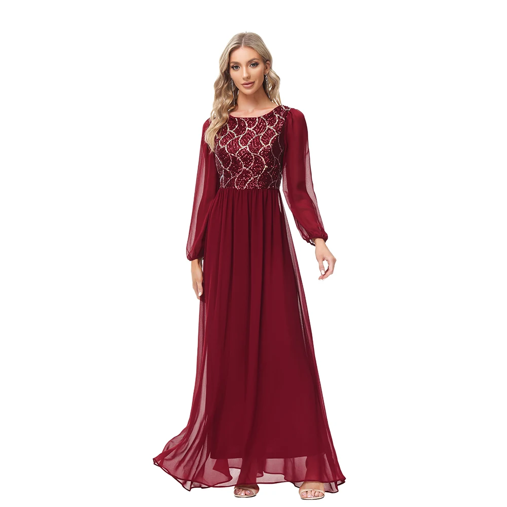 Long-sleeve Chiffon Sequins Cocktail Dress A-line O-neck Evening Robe Elagant Women Party Prom Gowns XUCTHHC 2022 New Dresses