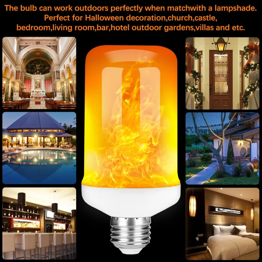 2‑Pack LED Flickering Flame Light Bulb E27 E26 Simulated Dancing Fire Lamp Vintage Warm Glow Retro Ambient Light for Halloween Christmas Patio Balcony Cafe Bar Indoor Outdoor Holiday Decor