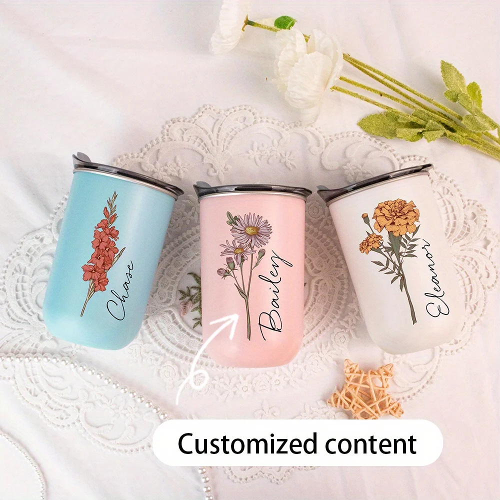 2026 New Floral Stainless Steel Tumbler, Custom Name Hand Drawn Wildflower Bouquet Cup with Lid, Bridesmaid Gift for Women.