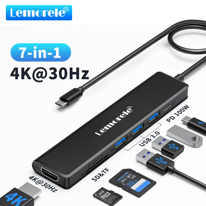 Lemorele TC90 7-in-1 USB C Dockingstation Typ C auf HDMI-Adapter USB C 3.0 Hub 5 Gbit/s USB C schnellere Übertragung für Windows-Laptop