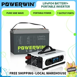 POWERWIN BT100 12.8V 100Ah 1280Wh Local Stock Built-in BMS LiFePO4 PI1200 Portable 12V 1200W Pure Sine Wave EU Outlet LCD Screen
