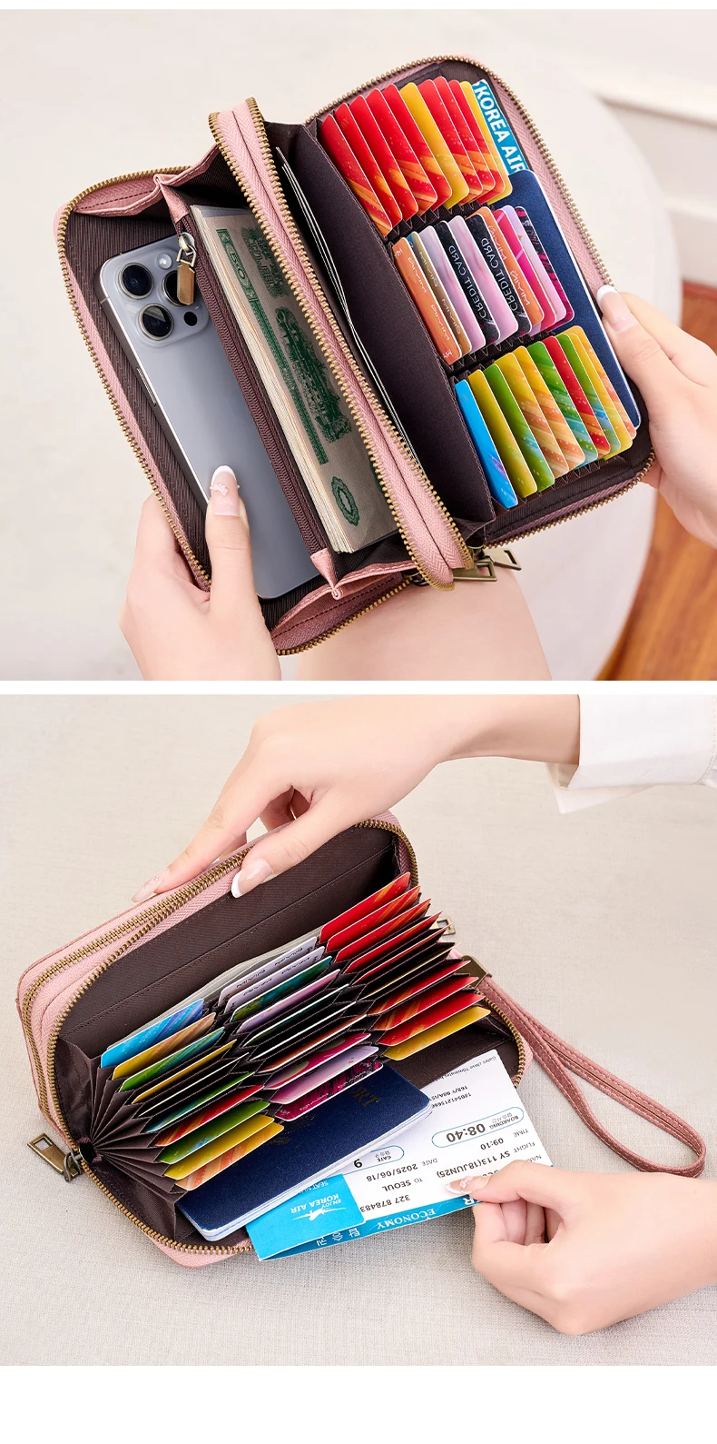 Stilvolle Damen-Langbörse mit Doppelreißverschlüssen, großer Kapazität, Akkordeon-Kartenhalter, Clutch, Retro-PU-Leder-Münzbörse, Unisex – Detail 16