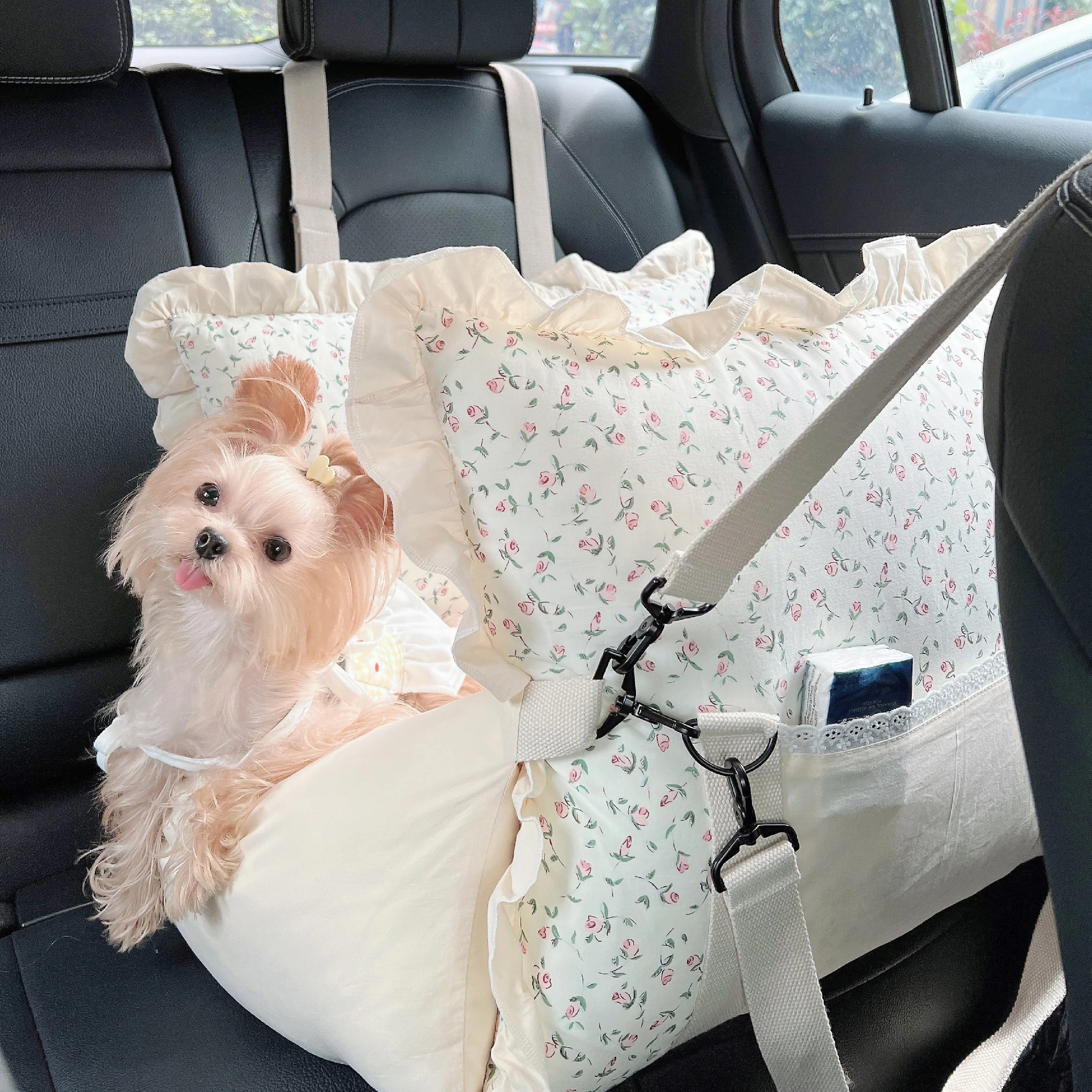 

Dog Luxury Deluxe Car Automotive Bench Travel Seat Nest Sofa with Strap Safety Pet Travel Nest Bed, Puppy Kitten Floral