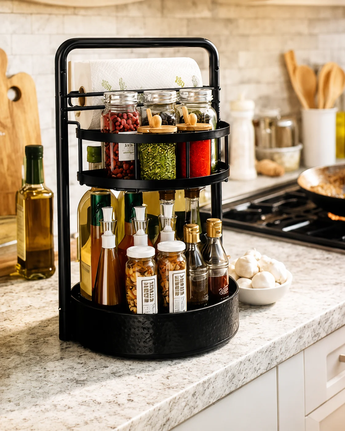 2 Tier Lazy Susan Spice Rack, Rotating Kitchen Countertop Organizer, Turntable Condiment Holder with Paper Towel Bar