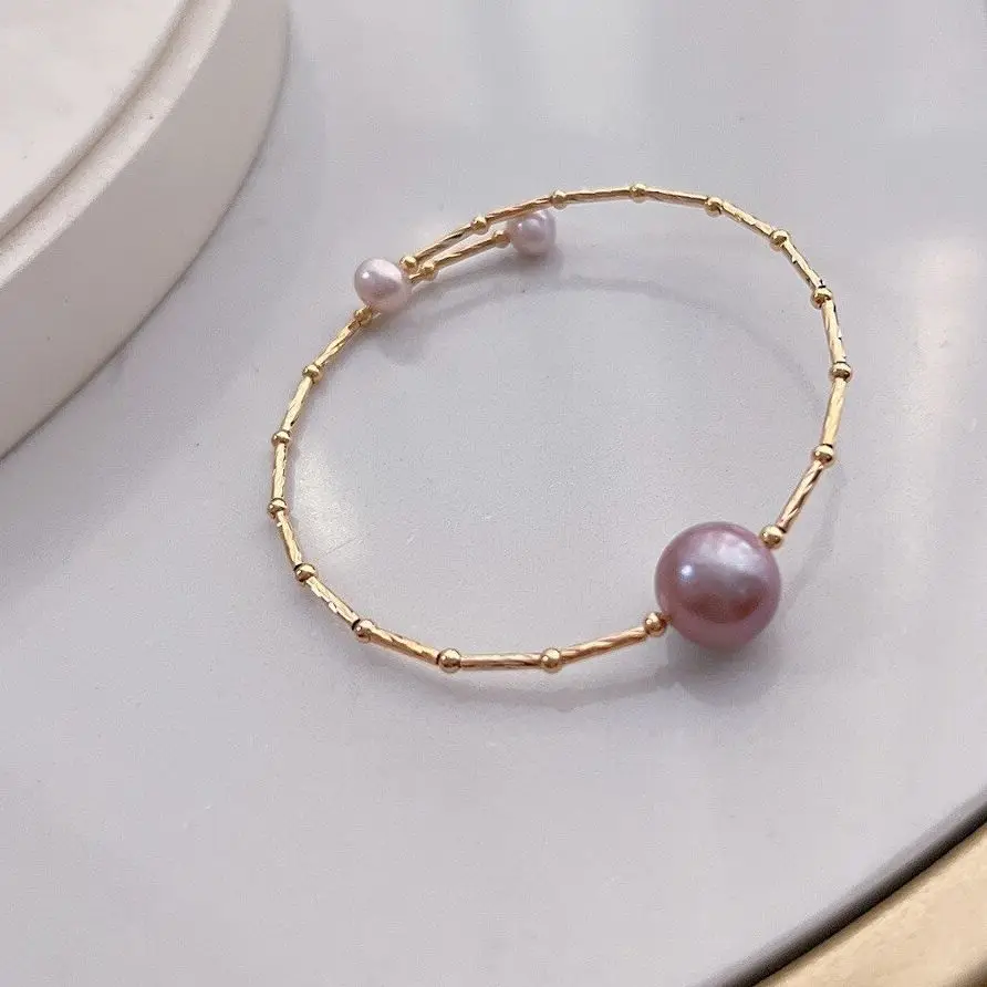 

MADALENA SARARA 18K Yellow Gold Women Bracelet Natural Purple Freshwater Pearl Au750 Elastic Style