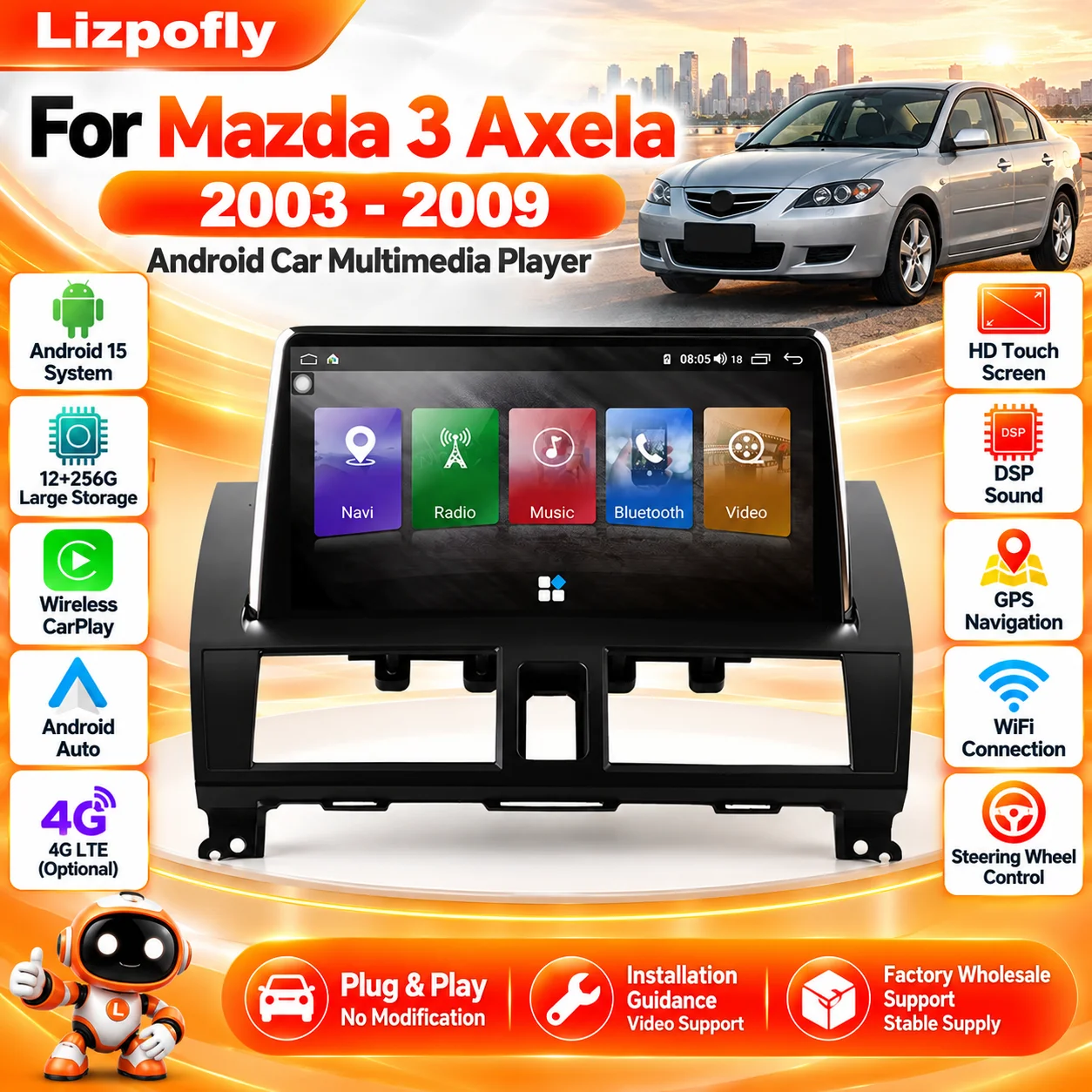 Wireless CarPlay Android Auto GPS Navigation 12+256G Android 15 Car Radio For Mazda 3 Axela 2003-2009 4G WiFi DSP