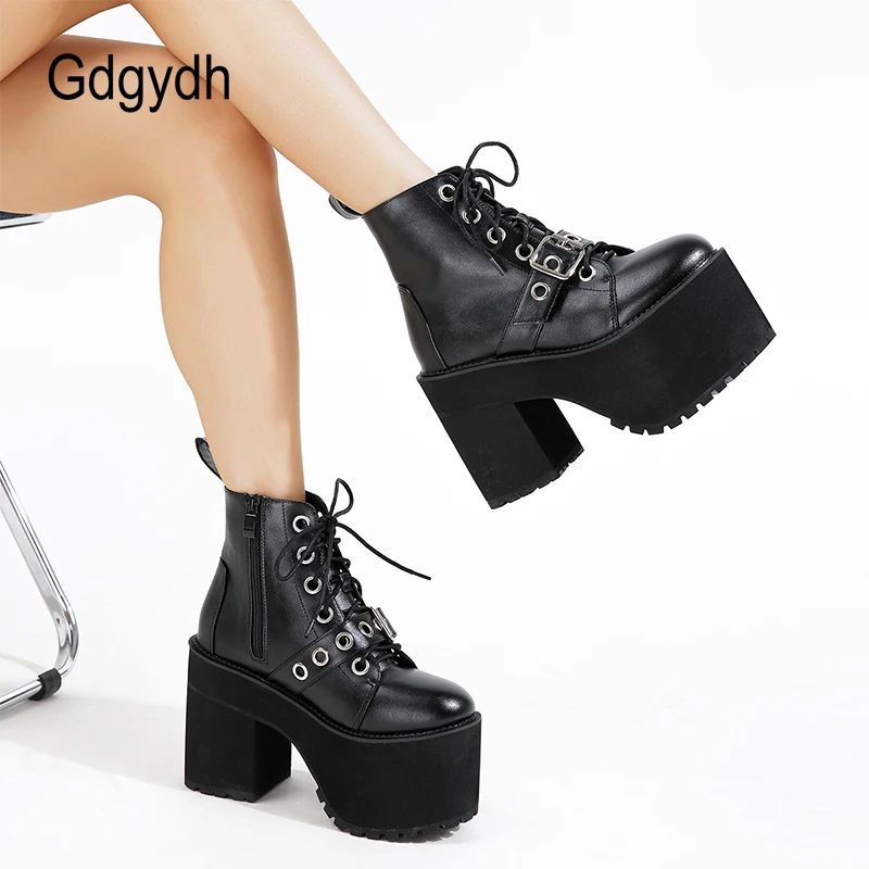 Gdgydh Womens Gothic Style Platform Combat Boots Buckle Front Tie Short Boots Street Slope Punk Mid Calf Boots Chunky Heels