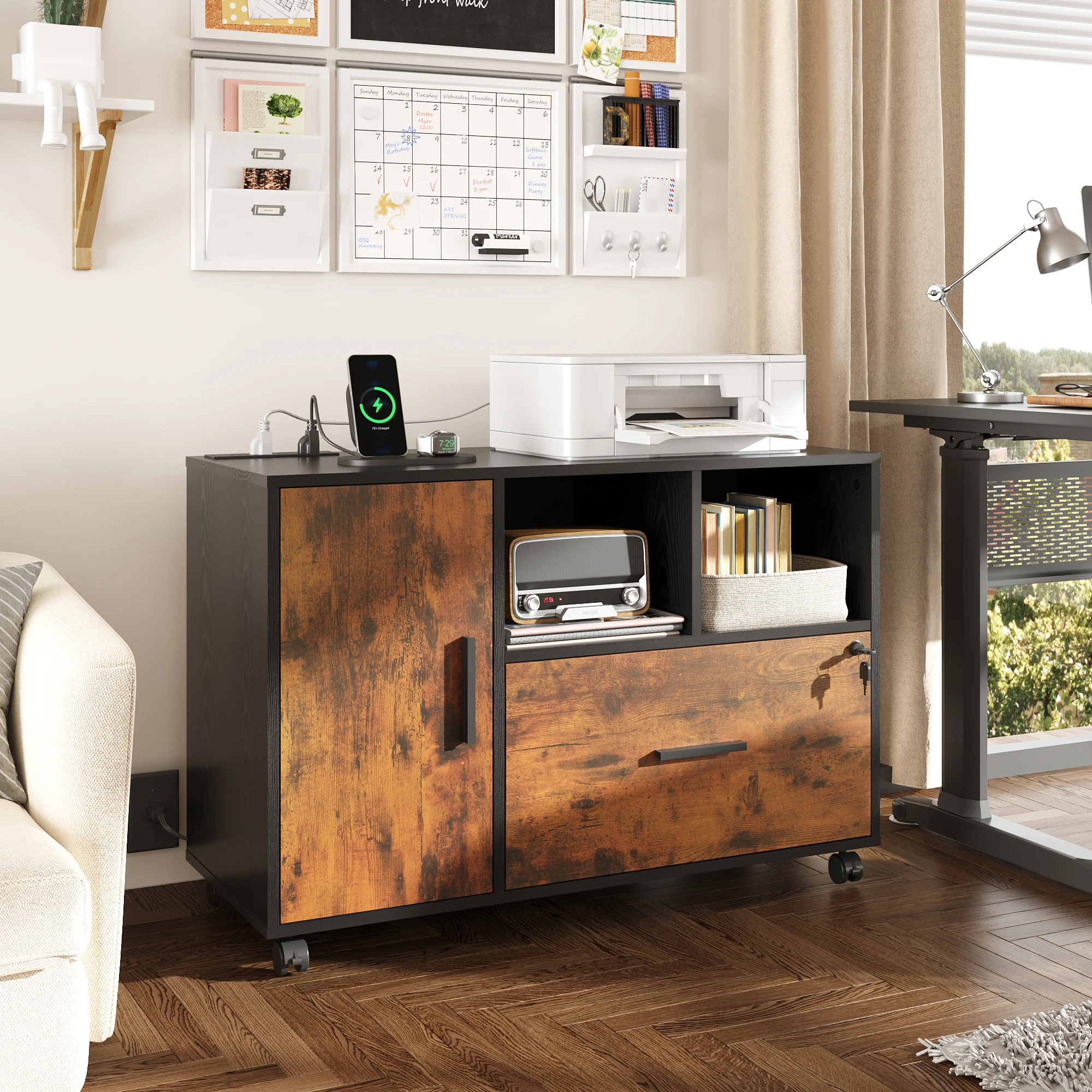 File Cabinet with Charging Station, 1 Drawer Rolling File Cabinet, Locking Filing Cabinet for Home Office, Wood Printer Stand with Storage, Rustic Brown