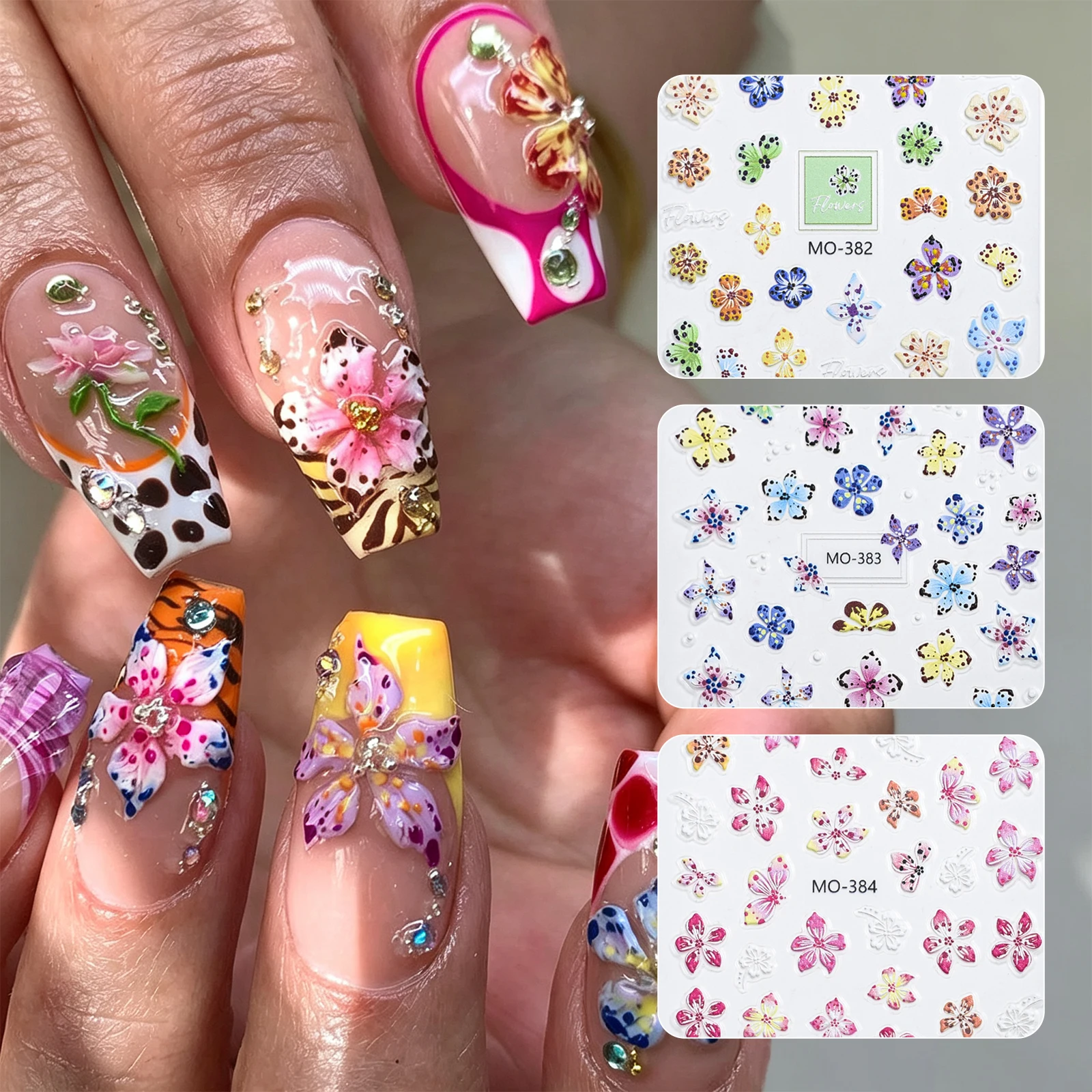Embossed Flower Nail Stickers Colorful Floral Nail Decals Self Adhesive 3D Relief Nail Art Stickers for Manicure Nail Decoration