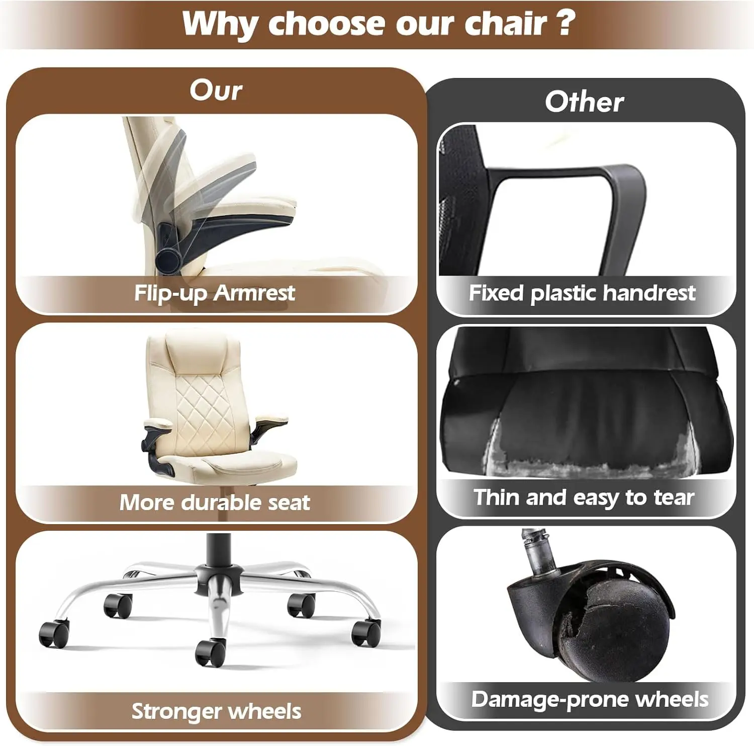 كرسي مكتب تنفيذي مع أذرع قابلة للطي كرسي مكتب منزلي مريح مع دعم قطني قابل للتعديل من جلد البولي يوريثان كرسي كمبيوتر مريح #3