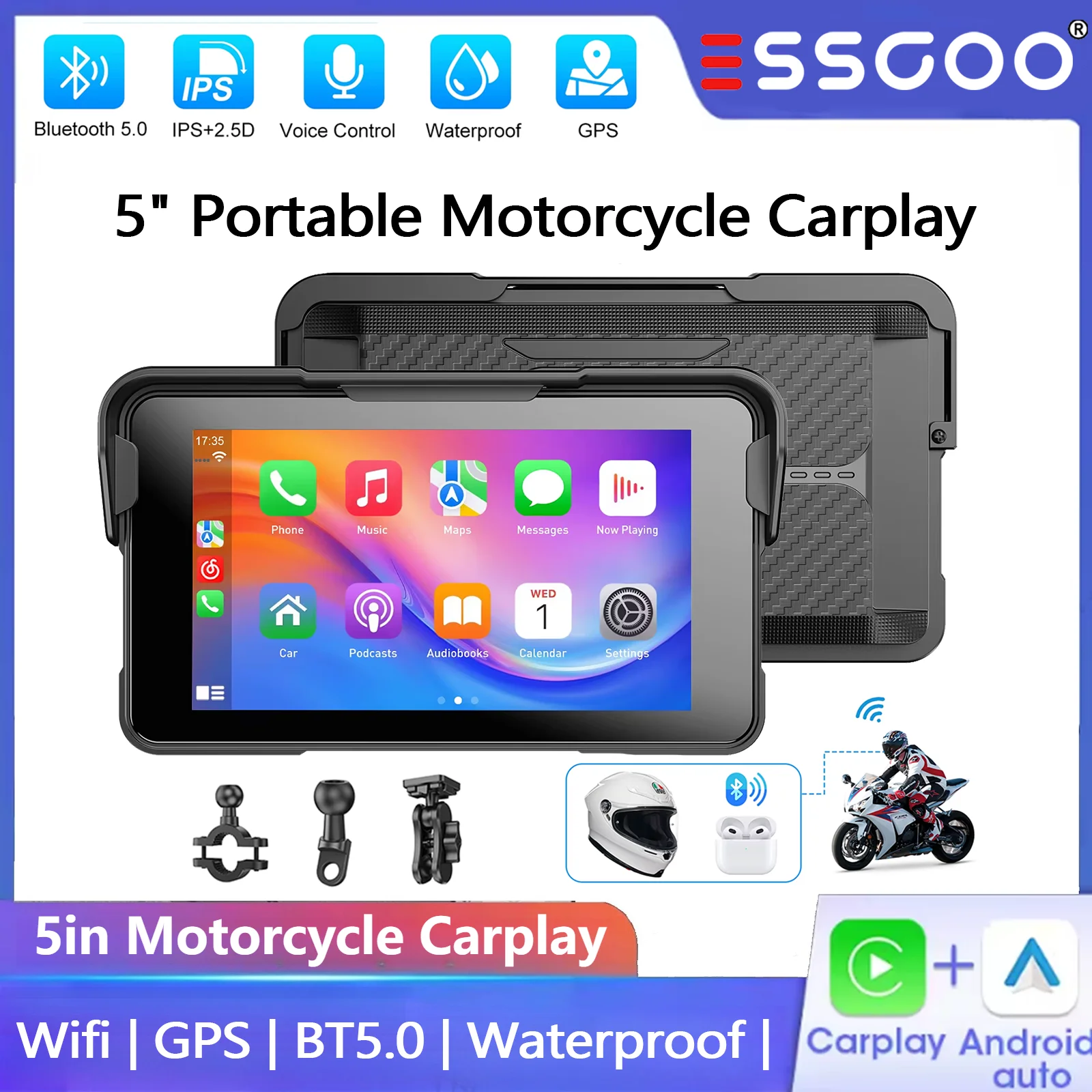 ESSGOO 5 Zoll tragbares Carplay-Motorrad für kabelloses Carplay Android Auto IP67 wasserdicht GPS-Navigation Bluetooth Touchscreen USB TF Digitales Motorrad-Armaturenbrett-Display Motorradzubehör