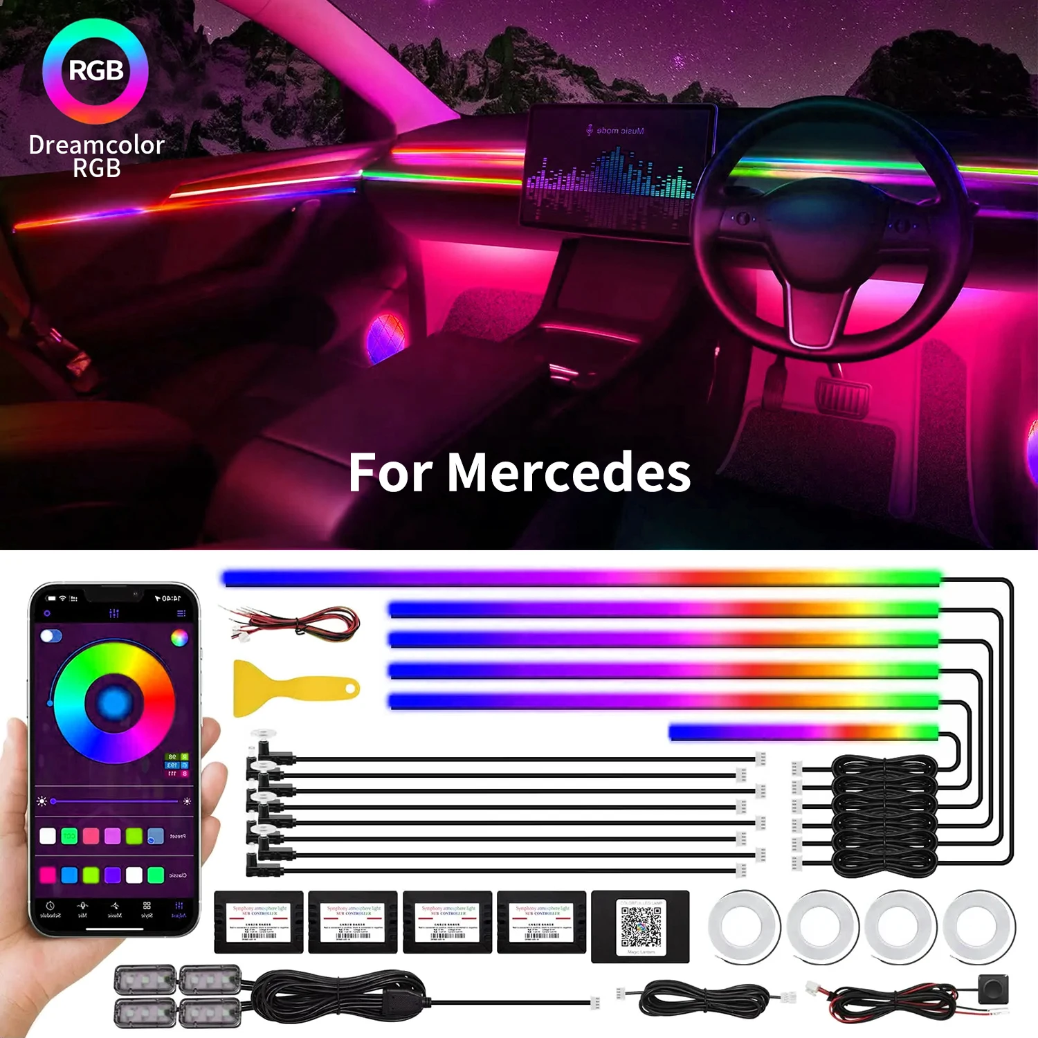 For Benz 22 In 1 Full 64 Colors Streamer Car Ambient LED Interior Lights Hidden Acrylic Strip Symphony Atmosphere Lamp