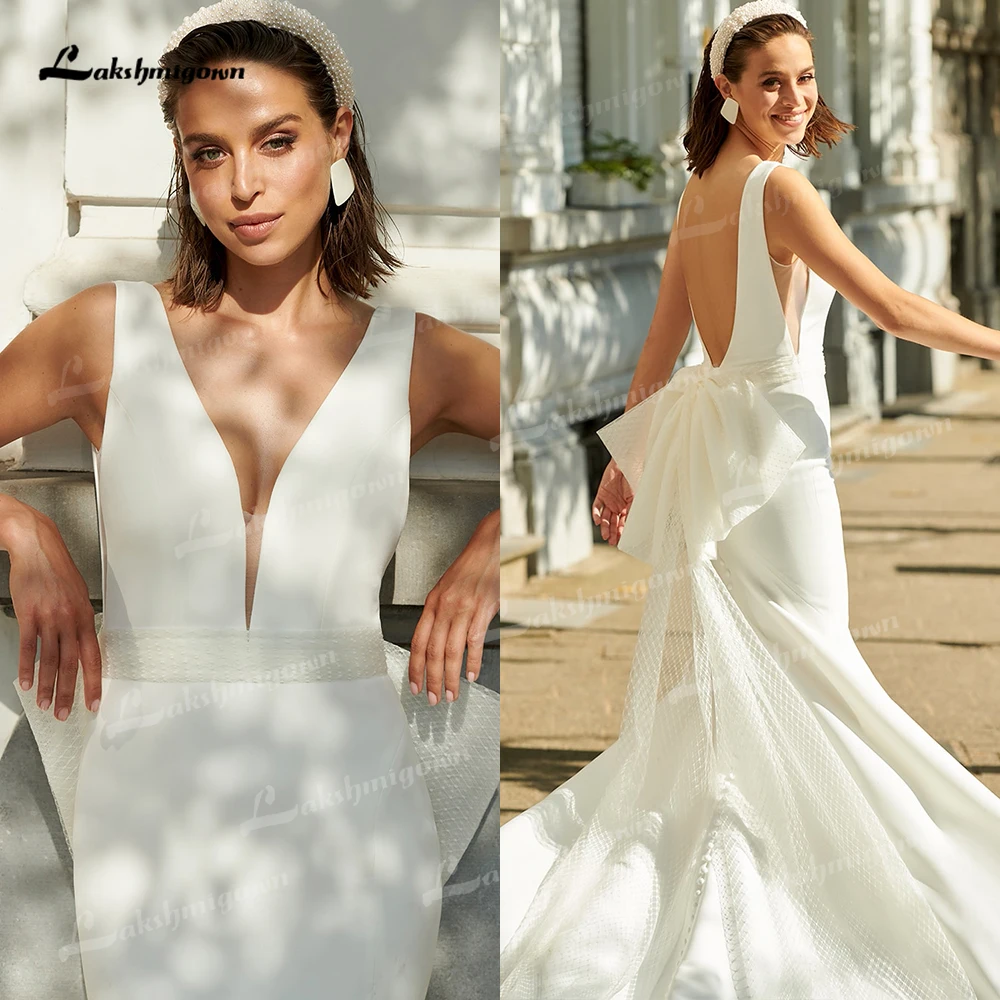 Lakshmigown Simple Mermaid Bow Sweep abito da sposa in raso morbido spalline laterali spacchi laterali Beach abito da sposa vestidos de novia