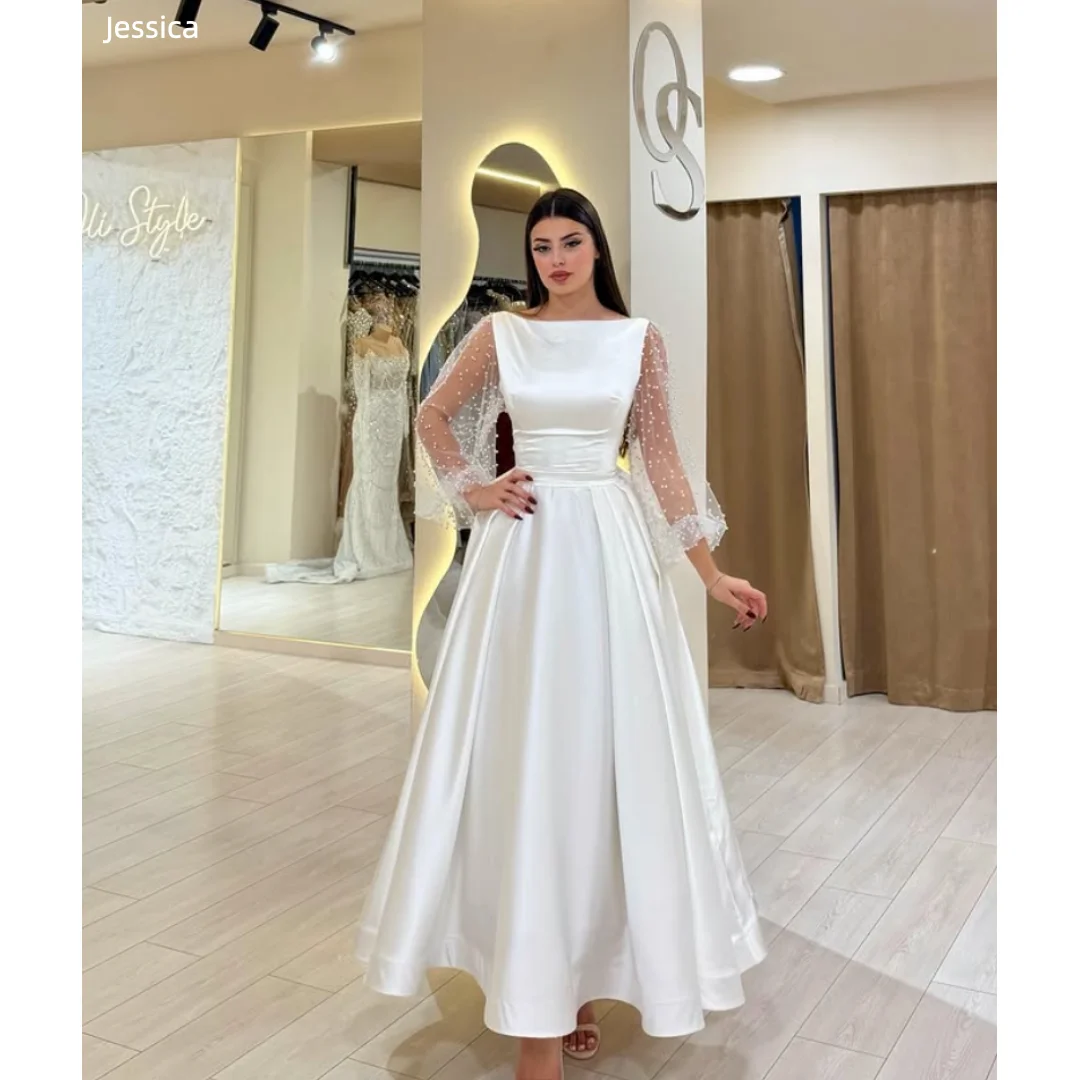 

Jessica Exquisite White Evening Dresses Lace Long Sleeves Prom Dresses Satin Elegant Lady FormalOccasions Party Dresses