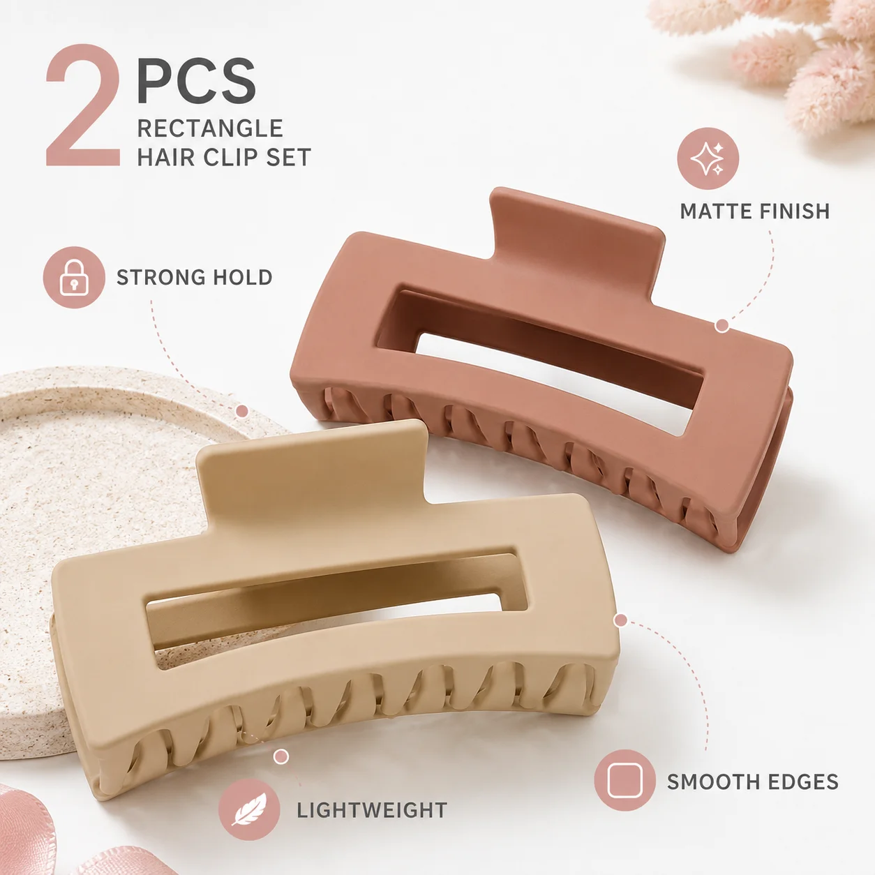 2Pcs Large Rectangle Hair Claw Clips for Women, Matte Non-Slip Strong Hold Jaw Clips, Mixed Color Hair Accessories for Thick and Thin Hair