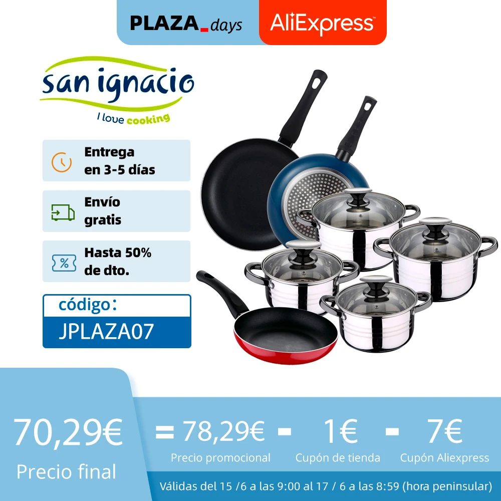 8 piece SAN IGNACIO Hita kitchen battery in stainless steel and non-stick pans set suitable even for induction