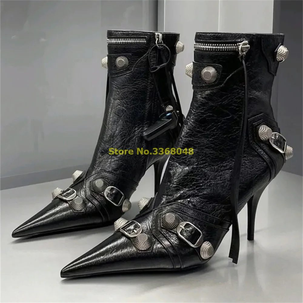 Rivet Pointy Toe High Heel Booties Shoes Black Leather Fringe Thin Heel Motorcycle Women Fashion Boots Zipper  Ankle Boot