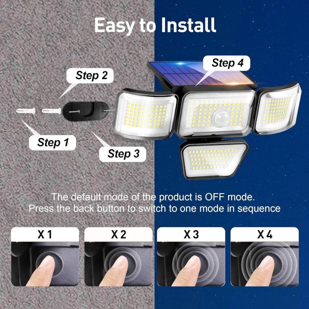 278 LED 태양광 조명 모션 센서 3000LM 270 °   정원 안뜰용 앵글 투광등 트리플 모드 조명 태양광 벽 램프