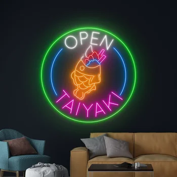 Taiyaki Open Neon Teken Visvormig Gebak Ijs Neon Teken
