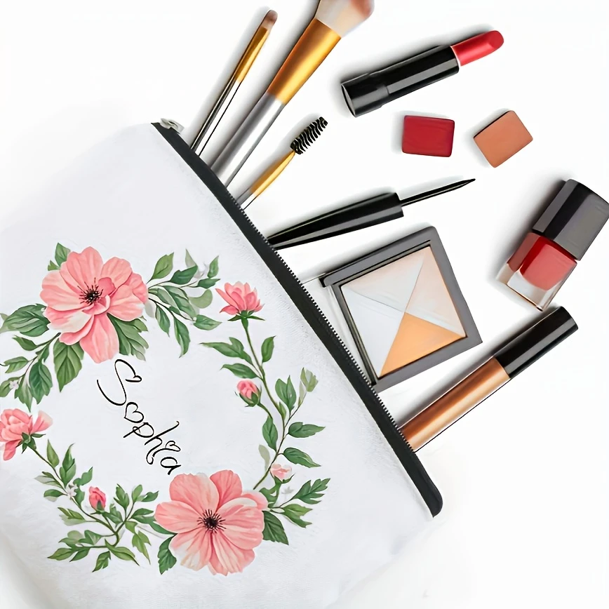Floral Custom Name Foldable Large Makeup Bag Light Zip Storage Travel Gift For Bride Bridesmaid Teacher Mother’s Day