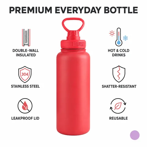 Double-Layered Insulated Stainless Steel Water Bottle Wide-Mouth Leak-Proof Screw Cap with Portable Handle for Cold And Hot Drinks Durable Reusable for Fitness Office Travel Outdoor