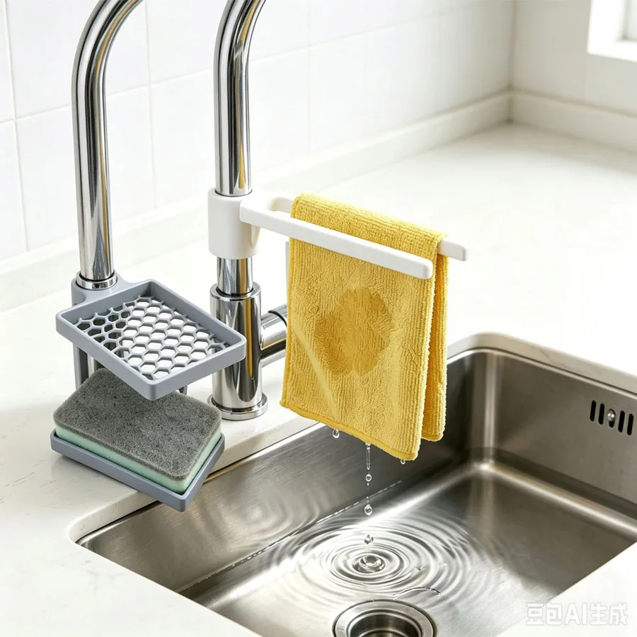2/1 Pcs Kitchen Faucet Hanging Drain Rack, Towel Sponge Soap Holder No Drilling Easy Install Sink Organizer