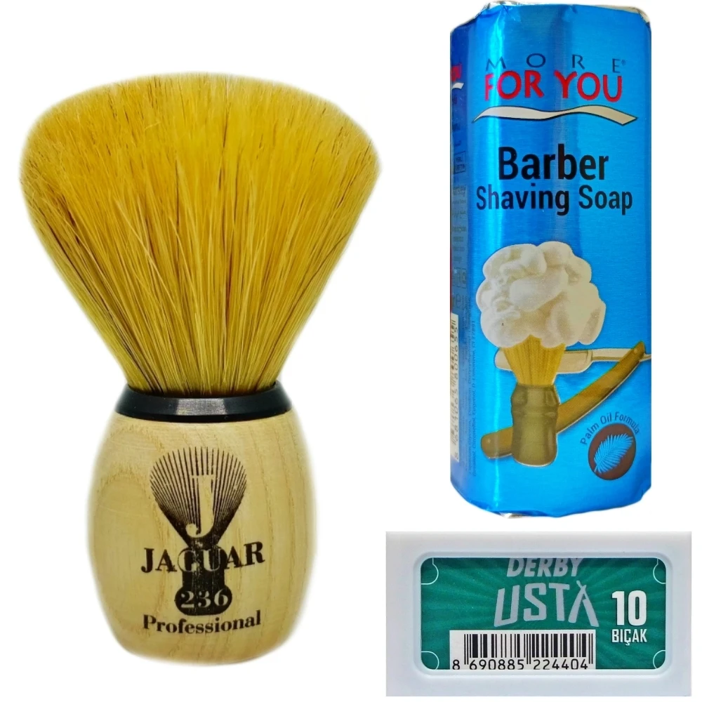 Jaguar 236 Shaving Brush - Derby Usta Double Edge Razor Blades 10 Pcs - More For You Shaving Soap 75g - Shaving Set