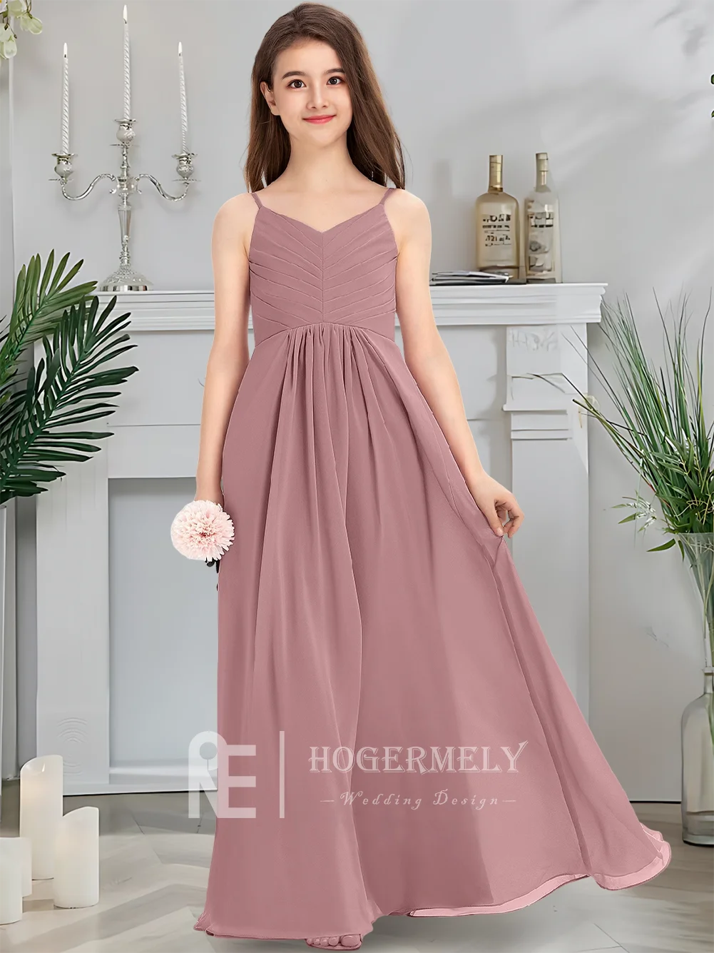 Elegante abito da damigella d'onore junior in chiffon con scollo a V a trapezio, abito da ragazza di fiori con fard, lunghezza al pavimento, abito da sposa da comunione, fascia in vita