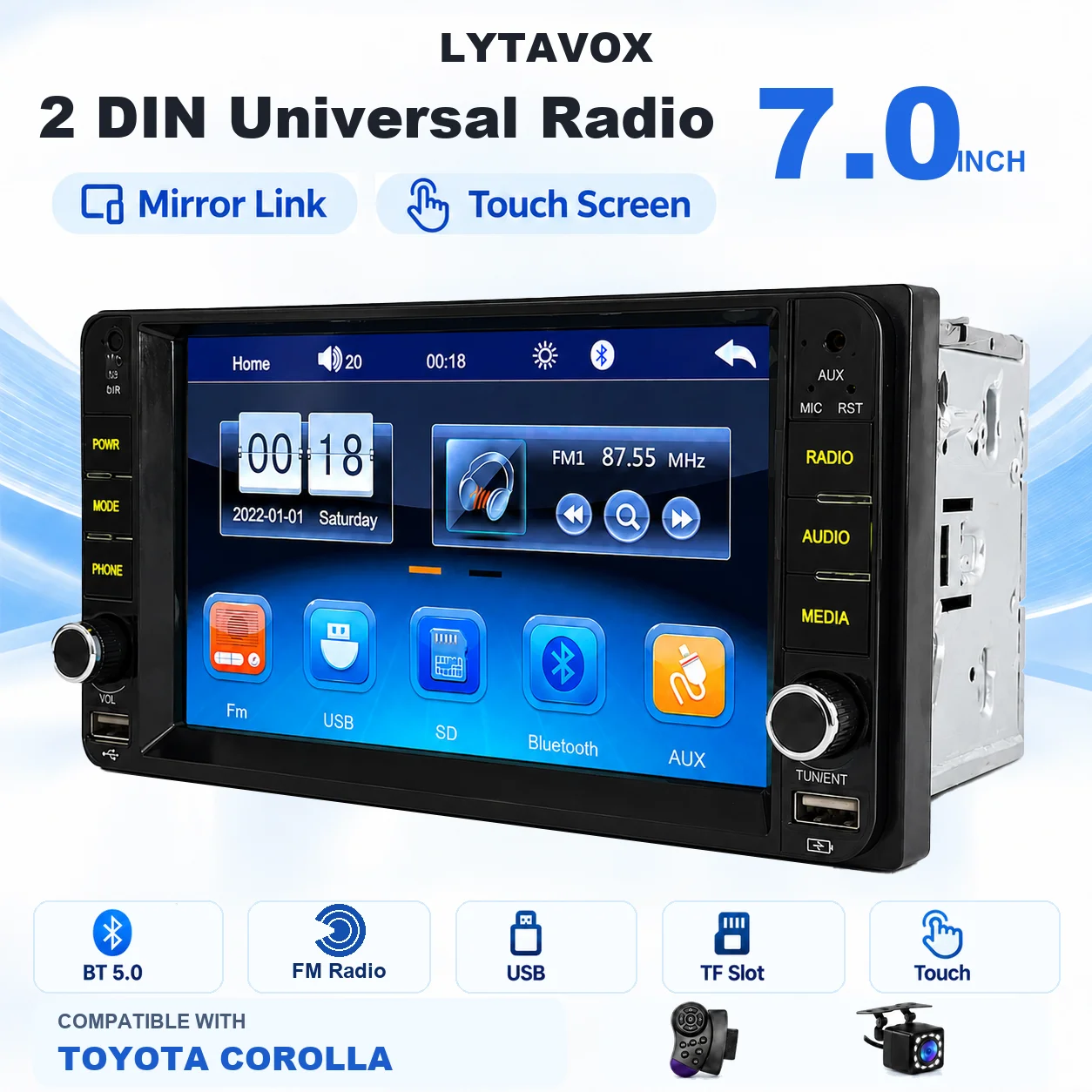 7'' Car Stereo Mirror Link Compatiable with TOYOTA COROLLA Touch Screen Display Bluetooth Music USB TF Backup SWC CAM