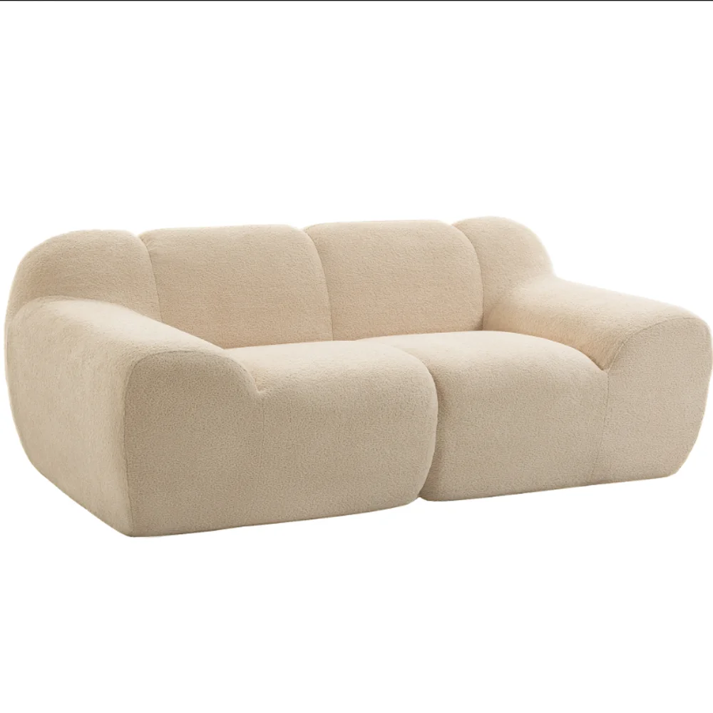 Divano in ciniglia a due posti, 174 cm, ideale per il soggiorno, con seduta e braccioli ampi e imbottiti, completamente compresso, colore beige.
