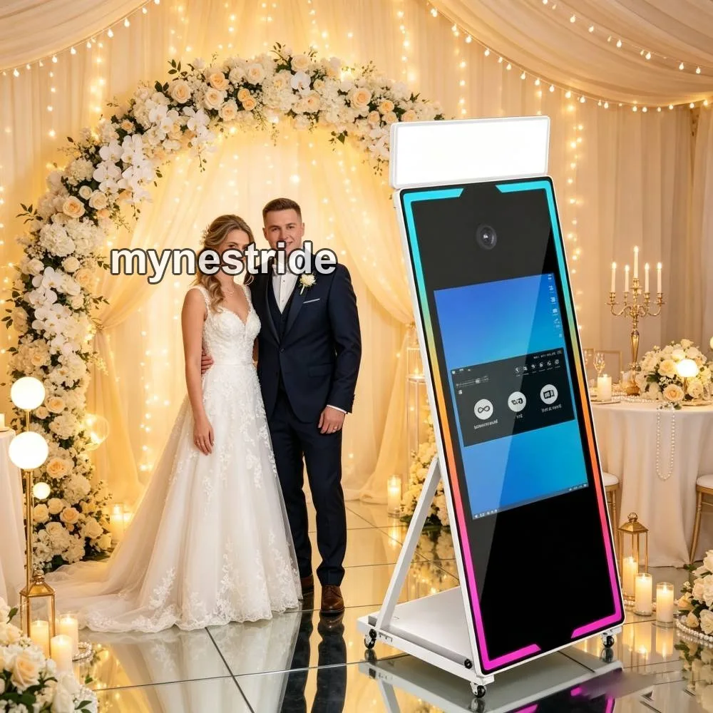 Qwe123w, machine de photomaton interactif avec miroir pour selfies, idéale pour les fêtes et les mariages, équipement de photographie à louer pour un usage commercial.