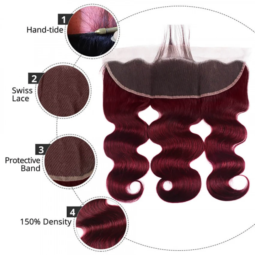 99J человеческие волосы бордового цвета, 3 пряди с 13 × 4 кружевной фронтальной волной 99J, бордовые предварительно выщипанные фронтальные волосы с детскими волосами 20 "+ 22" 24 "26"