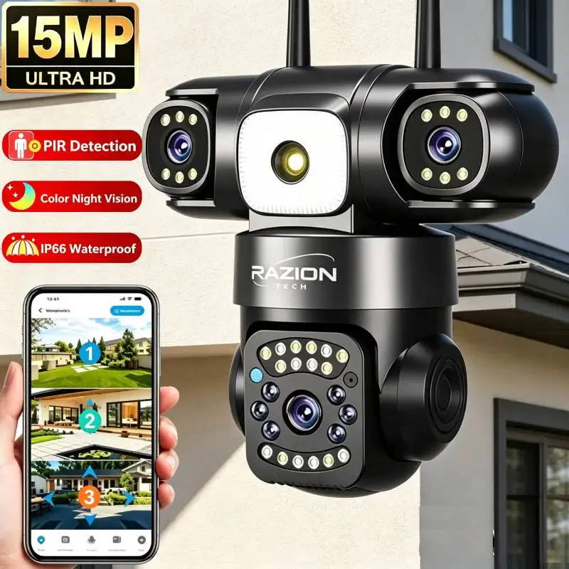15MP 8K HD Dreifach-Objektiv Sicherheitskamera für Außenbereiche mit WLAN, 5G & 2,4G WiFi, PTZ IP-Kamera, Farbnachtsicht, 10-fach Digitalzoom, Zwei-Wege-Audio, KI-gestützte automatische