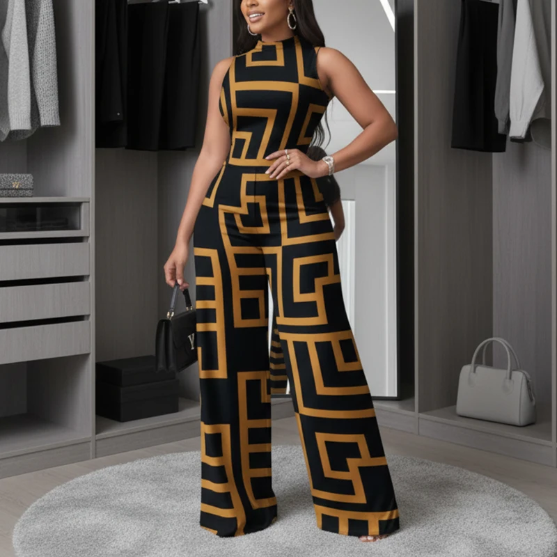 

European and American Maze Geometric Pattern Color-Block Fashion Comfortable commuter sleeveless Jumpsuit for Women