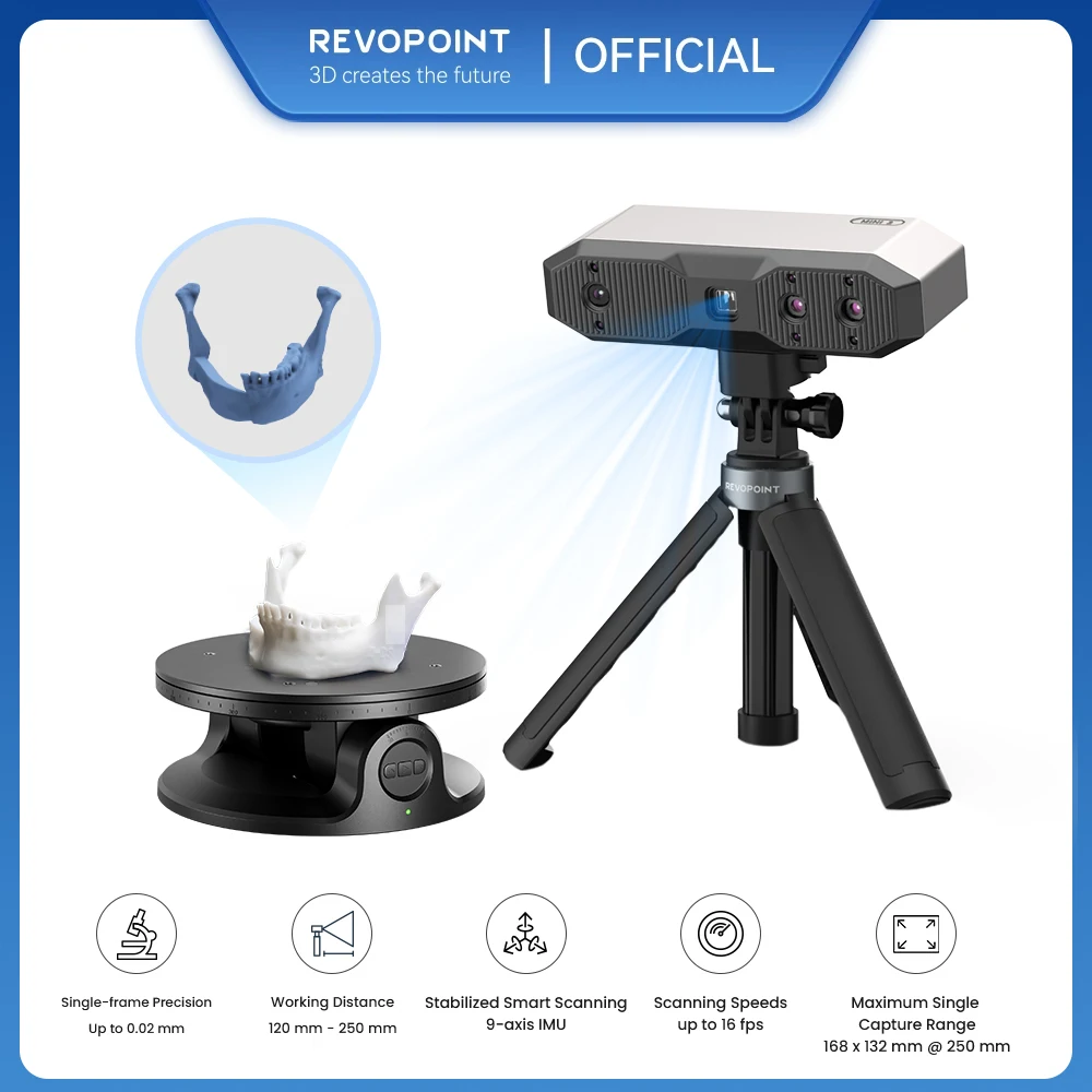 Revopoint Mini 2 Advanced 3D Scanner, até 0,02mm de precisão, 16 Fps varredura rápida, scanner para odontologia, jóias e pequenos objetos