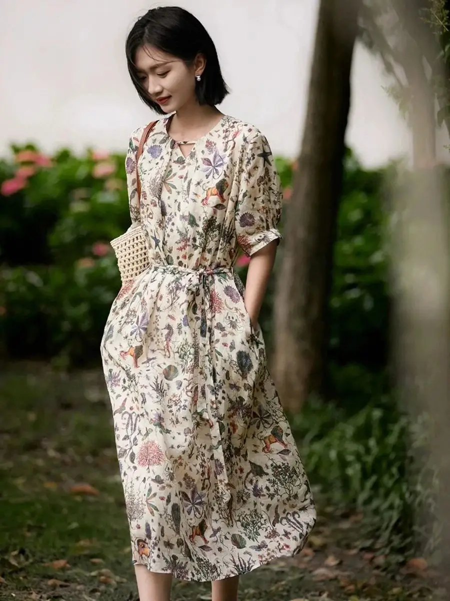 

Summer casual elegant women's 100% ramie floral printed dress