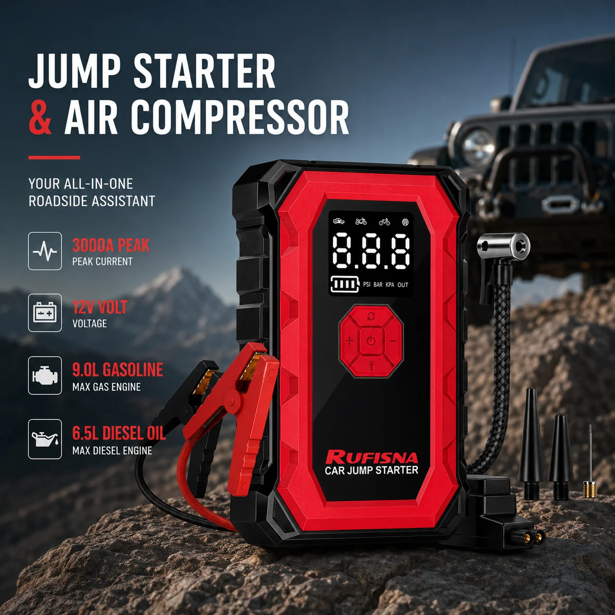 RUFISNA 3000A Peak Car Jump St - Lithium Jump Starter 3000A Peak recension och pris