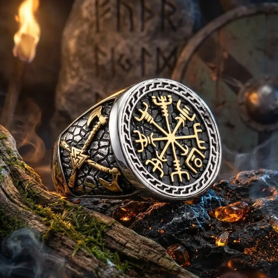 

Viking Ring for Men Stainless Steel Vintage Valknut Axe Compass Ring Odin Rune Jewelry Gold Color Punk Biker Gift Ring
