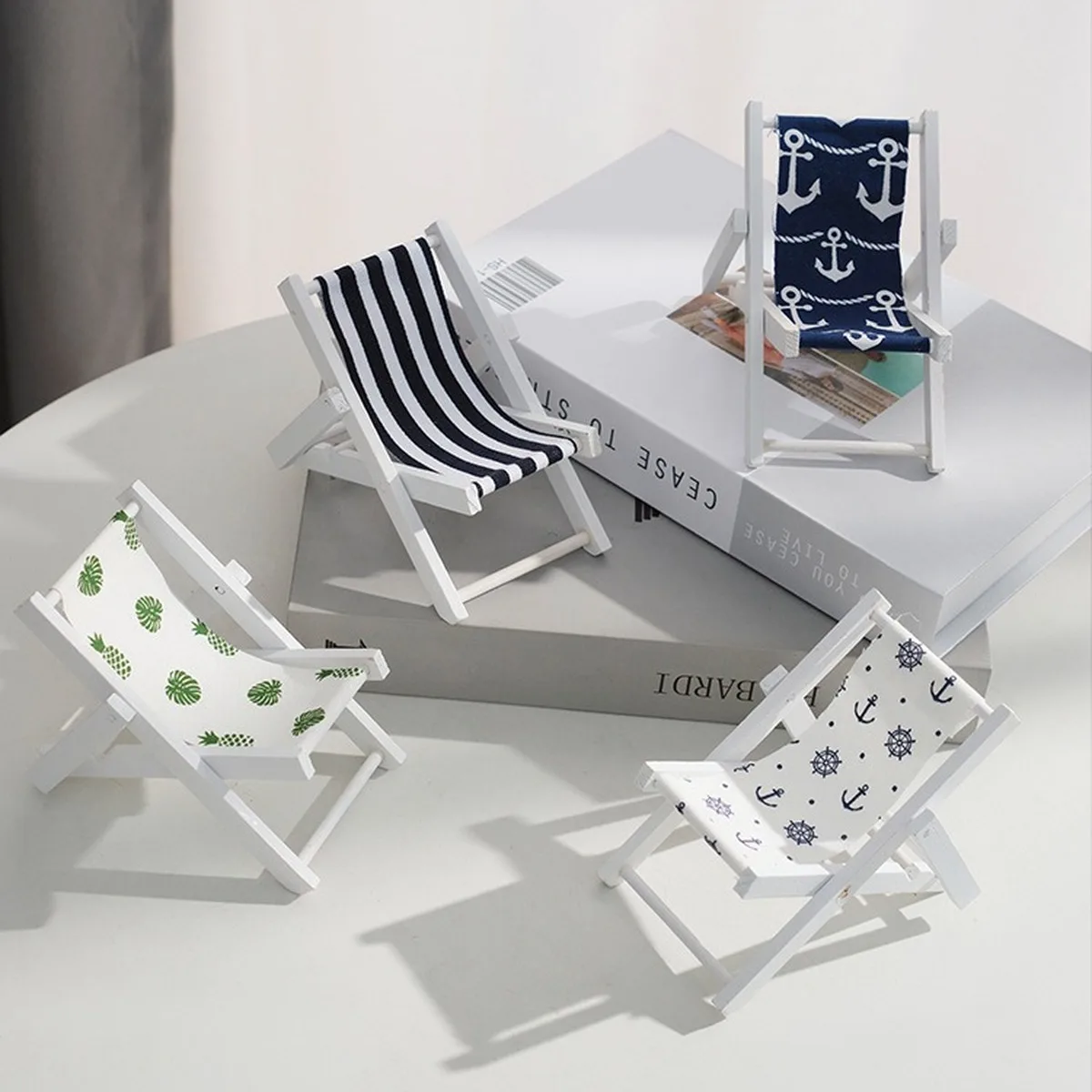 Mediterranean Mini Beach Chair Phone Stand Sets Wooden Coastal Desk Decor 3pc