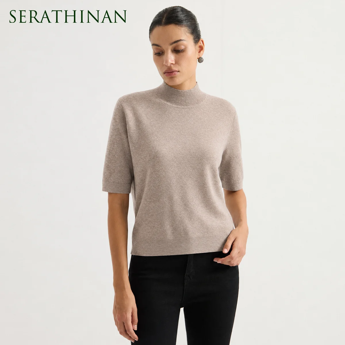 MZ62005 Women's Mock Neck Knit Top Cashmere Blend Short Sleeve Sweater Soft Textured Pullover for Work Daily Outfits